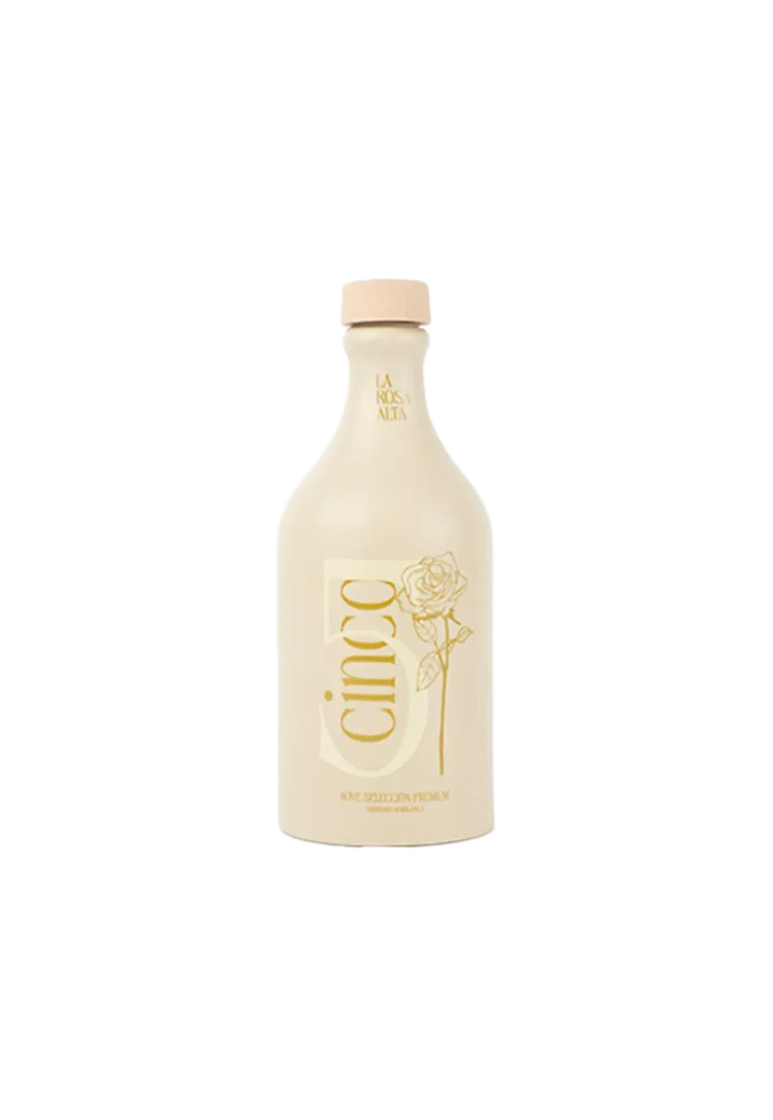 Botella de aceite de oliva virgen extra La Rosa Alta edición limitada en color crema con fondo transparente
