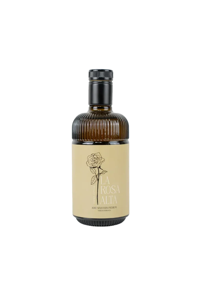 Botella de aceite de oliva virgen extra La Rosa Alta edición especial con etiqueta beige y diseño acanalado